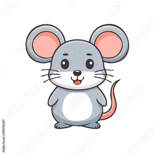 A cute, cartoonish mouse with gray fur, pink ears, and a long tail