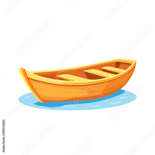 A vibrant image depicting a small, yellow wooden rowboat floating on tranquil blue water. The boat is empty, suggesting a sense of calm and readiness for adventure