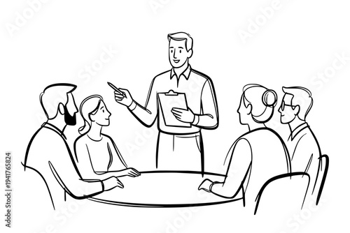 Group of people in a meeting drawn in line style on white background, concept of teamwork and planning