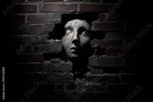 Stone face emerging from dark brick wall