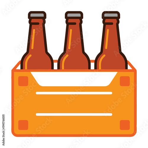 Three brown beer bottles in an orange carrier box on white background
