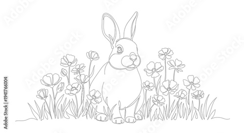 Cute Rabbit Sitting in a Field of Flowers Outline Drawing