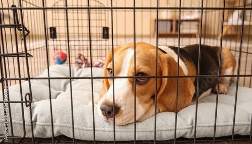 Beagle Dog Lying Inside Wire Cage Looking Lonely in Indoor Space