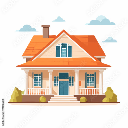 Charming traditional American house with orange roof, a welcoming residential building illustration perfect for home designs