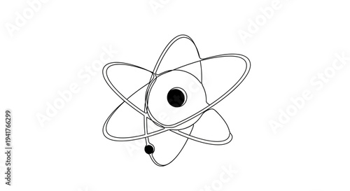 Abstract atom symbol with orbiting electrons, scientific illustration, minimalist line art