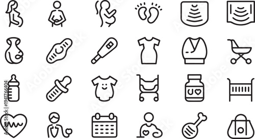 Black and white of pregnancy and baby care and activities stroller