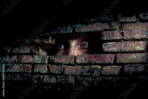 Creepy eyes watching from a dark brick wall