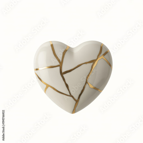 Kintsugi heart with gold cracks white broken