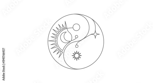 Celestial Yin Yang Symbol with Sun, Moon, Stars and Orbit Lines