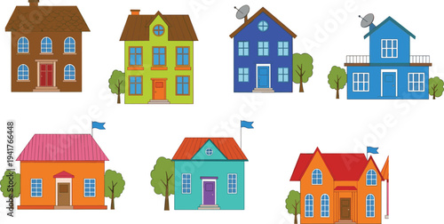 Colorful cartoon house collection featuring various suburban building designs with trees, satellite dishes, and flags isolated on white background for neighborhood vector illustration.