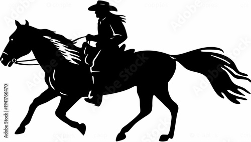 Cowboy riding horse in dynamic motion with flowing mane and tail