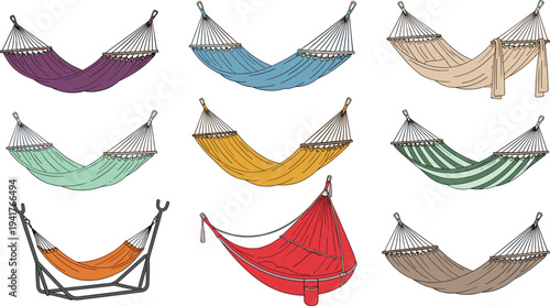 Colorful garden hammock vector set with various fabric designs, hanging swings, striped patterns, and portable stand isolated on white background for outdoor summer relaxation.