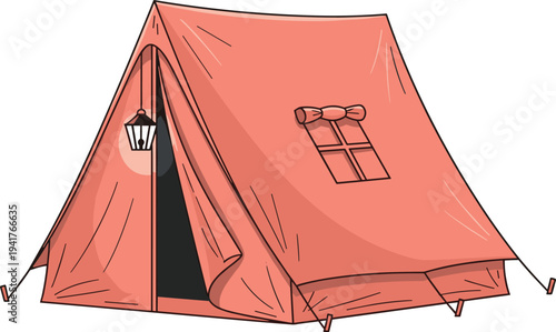 Pink camping tent illustration with hanging lantern and window isolated on white background for outdoor adventure, summer camp, forest hiking, and travel.