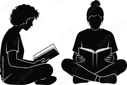 Students reading books sitting on floor silhouette set isolated education learning study vector illustration