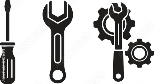 Mechanic Tools Icon Set with Wrench Gear and Screwdriver Silhouette Vector