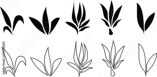 This black bamboo plant icon set features of minimalist silhouettes representing different bamboo stems, leaves, shoots, and natural growth stages. clearly highlight the elegant structure of plants.