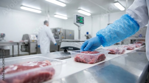 A blue-gloved hand carefully places a plastic package of raw meat onto a conveyor belt in a food processing plant.