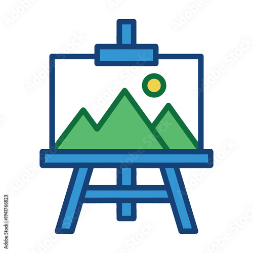 Easel with canvas showing green mountains and sun artistic representation