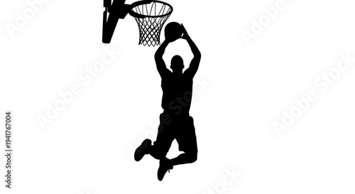 Basketball player dunking silhouette on white background