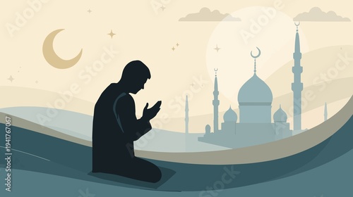 illustration of a person in Islamic prayer with a silhouette figure set against a subtle, flat-designed background