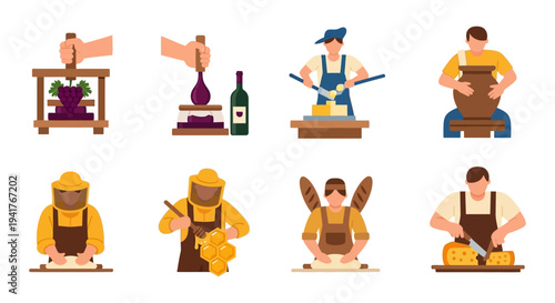 Artisan Craft and Food Production Icon Set. Flat vector illustrations of Winemaking, Pottery, Beekeeping, Baking, and Cheesemaking processes.