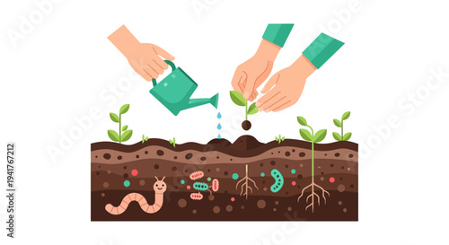 Organic Gardening: Soil Health Illustration with Planting Hands, Earthworm, Roots, and Microorganisms.
