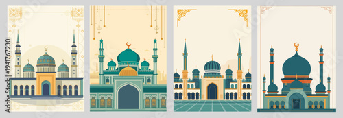 set Vector template card featuring a stylized Islamic mosque with a flat design aesthetic, incorporating a combination of geometric shapes and bold lines