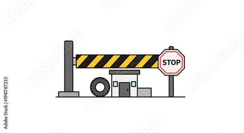 Barrier Gate with Stop Sign and Small Building