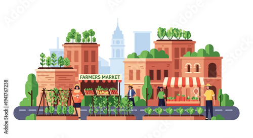 Sustainable Urban Farming: Farmers Market, Community Garden, and Green Rooftops in Cityscape Flat Vector.