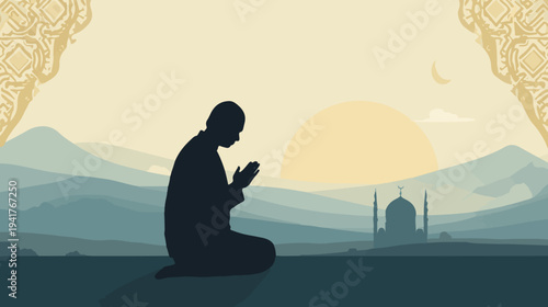 Vector illustration of a person in Islamic prayer with a silhouette figure set against a subtle, flat-designed background