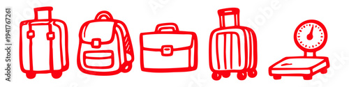 Set of red hand-drawn travel icons including suitcases, a backpack, briefcase, and weight scale. Minimalist doodle style sketches of luggage and baggage isolated on a white background.