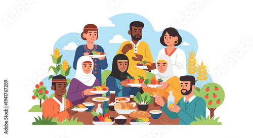 Diverse Community Sharing Harvest Feast. Flat vector illustration of multicultural people celebrating food, unity, and abundance outdoors.