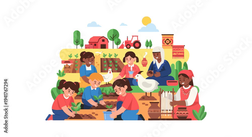 Multicultural Rural Life Illustration: Diverse People Planting, Crafting, and Working Together in an Agricultural Landscape.