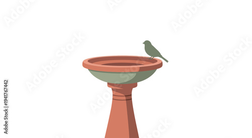 Bird Standing on Birdbath Edge Illustration.