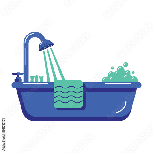 Blue bathtub with green towel and bubbles shower running