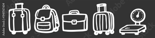 Hand-drawn white line icons of travel luggage, including suitcases, backpack, briefcase, and weighing scale, on a dark gray background. Ideal for travel, airport, and logistics designs.