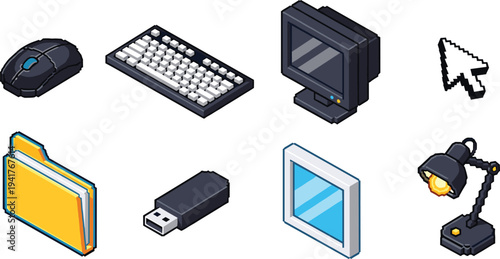 Isometric computer hardware and office accessories icons including mouse keyboard monitor cursor folder usb and desk lamp