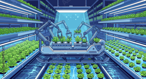 Robotic Arms in Vertical Farm Facility.