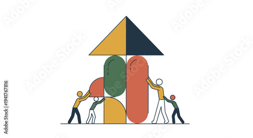 Teamwork Illustration People Pushing Shapes Together.