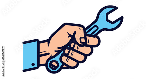 Hand holding wrench and spanner tool.