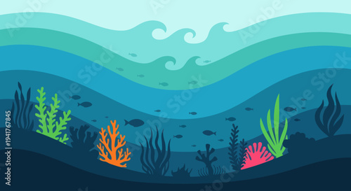 Underwater Scene with Coral and Seaweed.