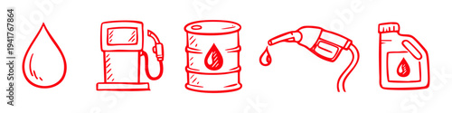 Red hand-drawn icons of fuel, oil, gas pump, barrel, and canister on white. Oil and energy industry concept illustrations in a clean doodle sketch style for automotive and industrial design.