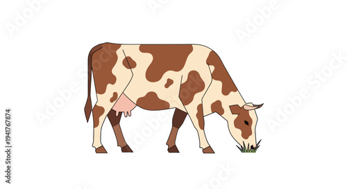 Brown and White Cow Grazing Illustration.