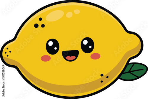 A happy lemon icon with a smiling face and leaf, vector illustration of citrus fruit
