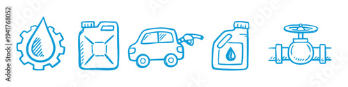 Set of hand-drawn blue oil and gas industry icons. Vector sketch illustrations featuring fuel containers, a refueling car, oil drop with gear, and a pipeline valve on a white background.
