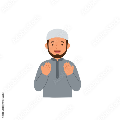 Muslim Man Praying with Hands Raised Illustration. Flat Vector of a Smiling Muslim Man in Gray Clothes and White Cap. Islamic Character Praying Isolated on White Background.