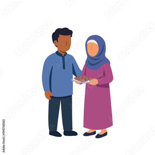 Muslim Couple Sharing Dates for Iftar Illustration. Flat Vector of Man and Woman in Hijab Holding a Plate of Dates. Ramadan Kareem Concept with Islamic Characters.
