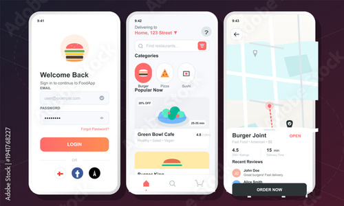 Set of three mobile application screens for a food delivery service