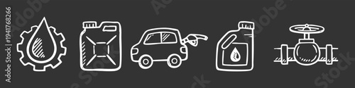 Hand-drawn white doodle icons of oil and gas industry elements: fuel drop in gear, jerry can, car refueling, motor oil bottle, and pipeline valve on dark background.