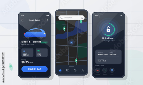 A set of three smartphone screens displaying a car-sharing mobile